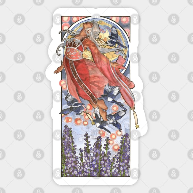 Lady of July Star Festival with Magpies and Lanterns Mucha Inspired Birthstone Series     Edit Sticker by angelasasser